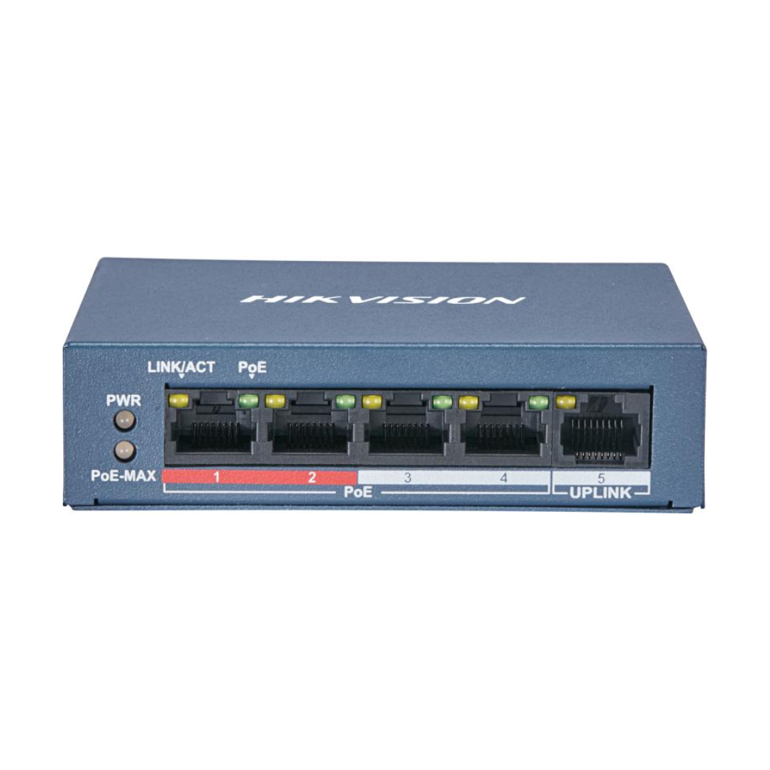 SWITCH 4 PUERTOS HIKVISION 4 10/100M RJ45 POE PORTS. 1 10/100M RJ45 UPLINK PORT. 802.3AF/AT. POE POWER BUDGET 35W. MAX. 300M DS-3E0105P-E/M(B) 301801291